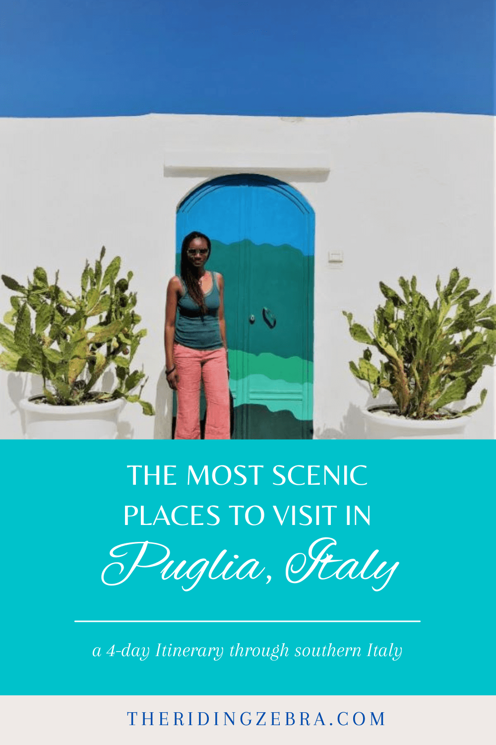 A graphic with a woman in front of a blue door in the background